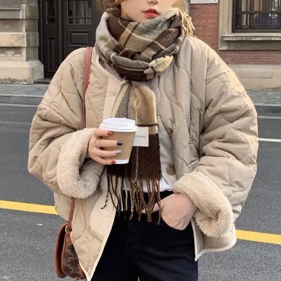 Coat jacket reversible cozy khaki beige tan pocket quilted puffer pocket women - Picture 6 of 15